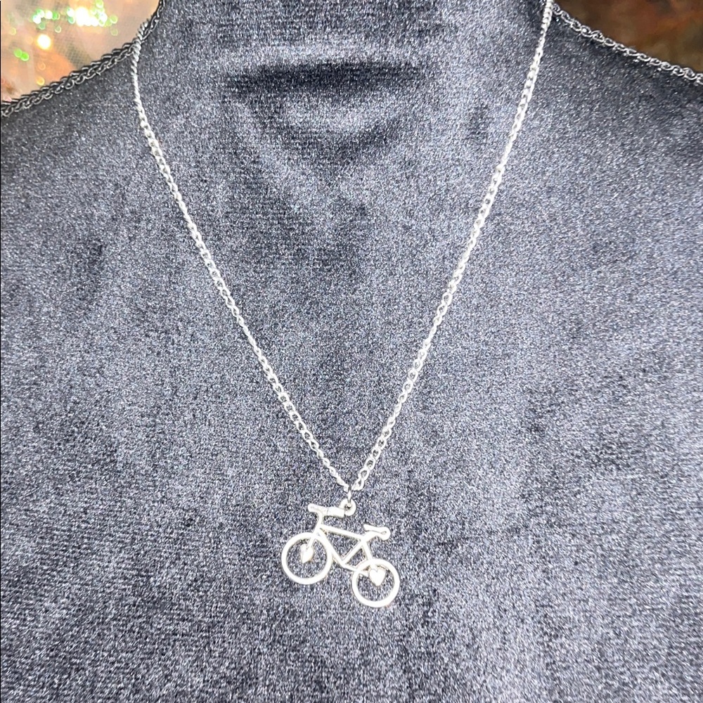 Silver Tone  Bicycle Pendant Necklace – Heart Wheel Accents – 18” Chain
